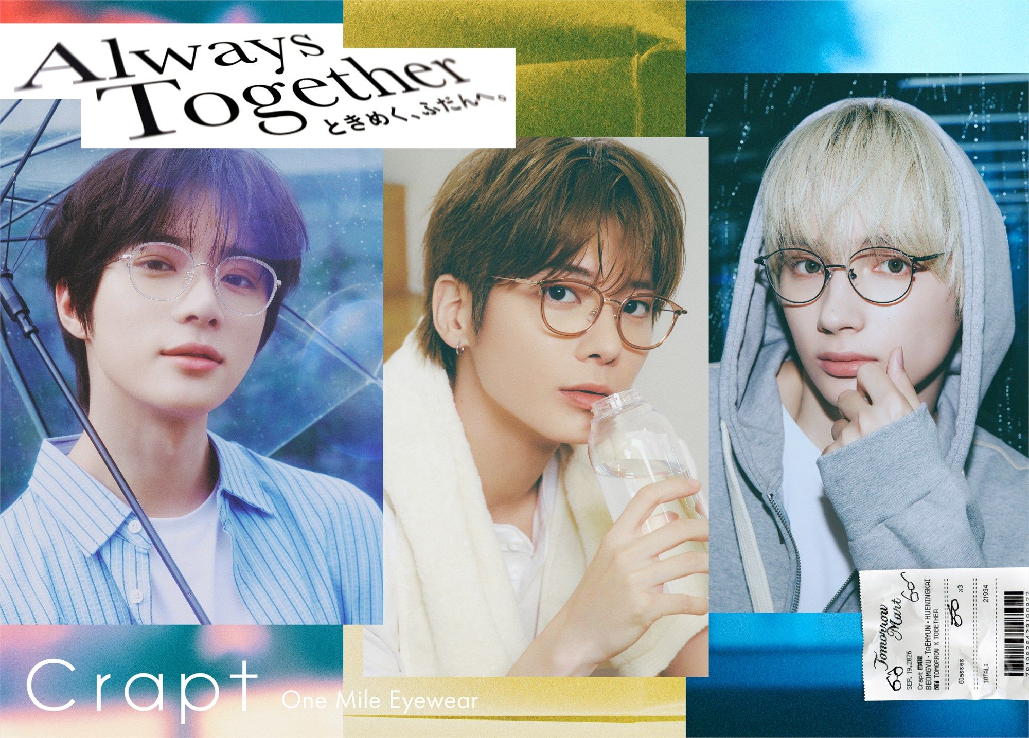 TXT - Beomgyu, Taehyun, dan Hueningkai dengan aksesoris kacamata